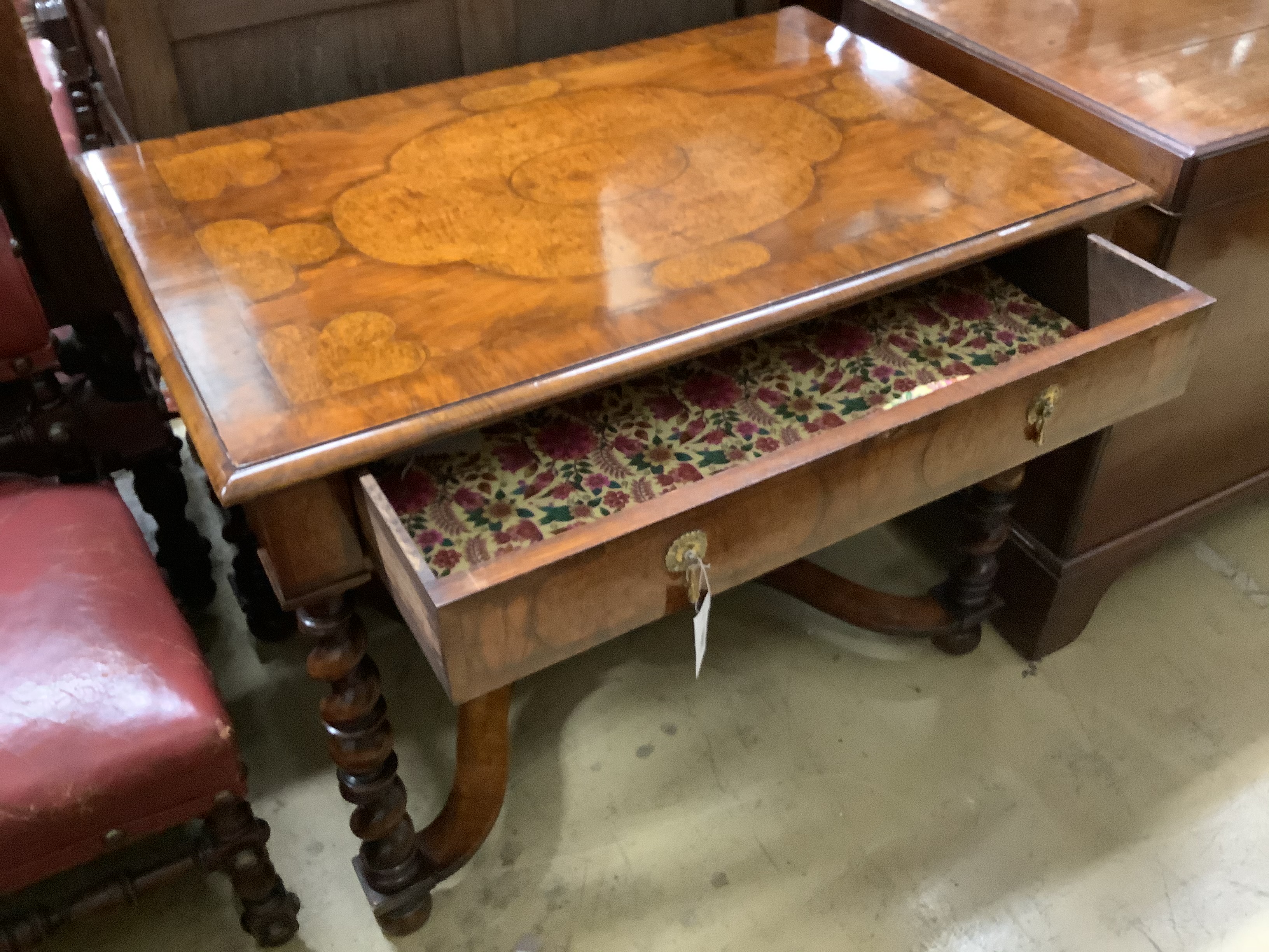 A William and Mary style walnut and marquetry side table, width 96cm, depth 64cm, height 74cm